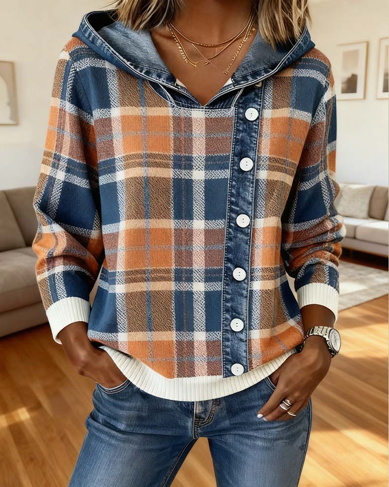 Casual Denim Plaid Patchwork Hooded