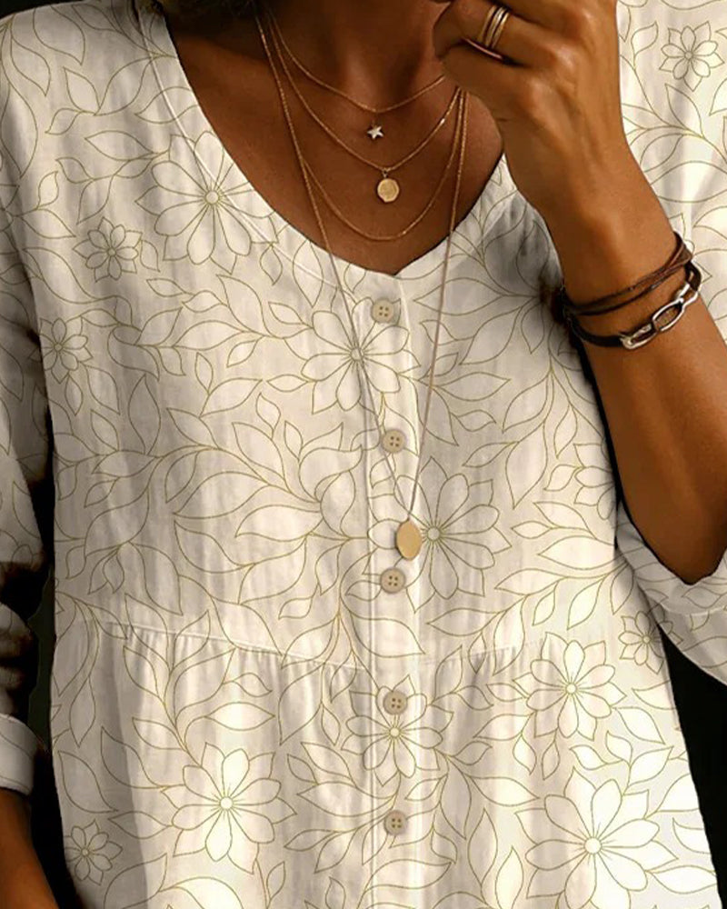 Button-Down V-Neck Printed Blouse