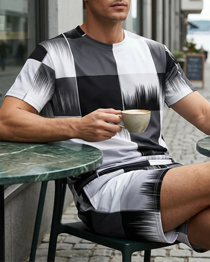 Black and White Gradient Plaid Short Sleeve Set