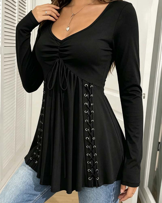 V-Neck Drawstring Long Sleeve Blouse