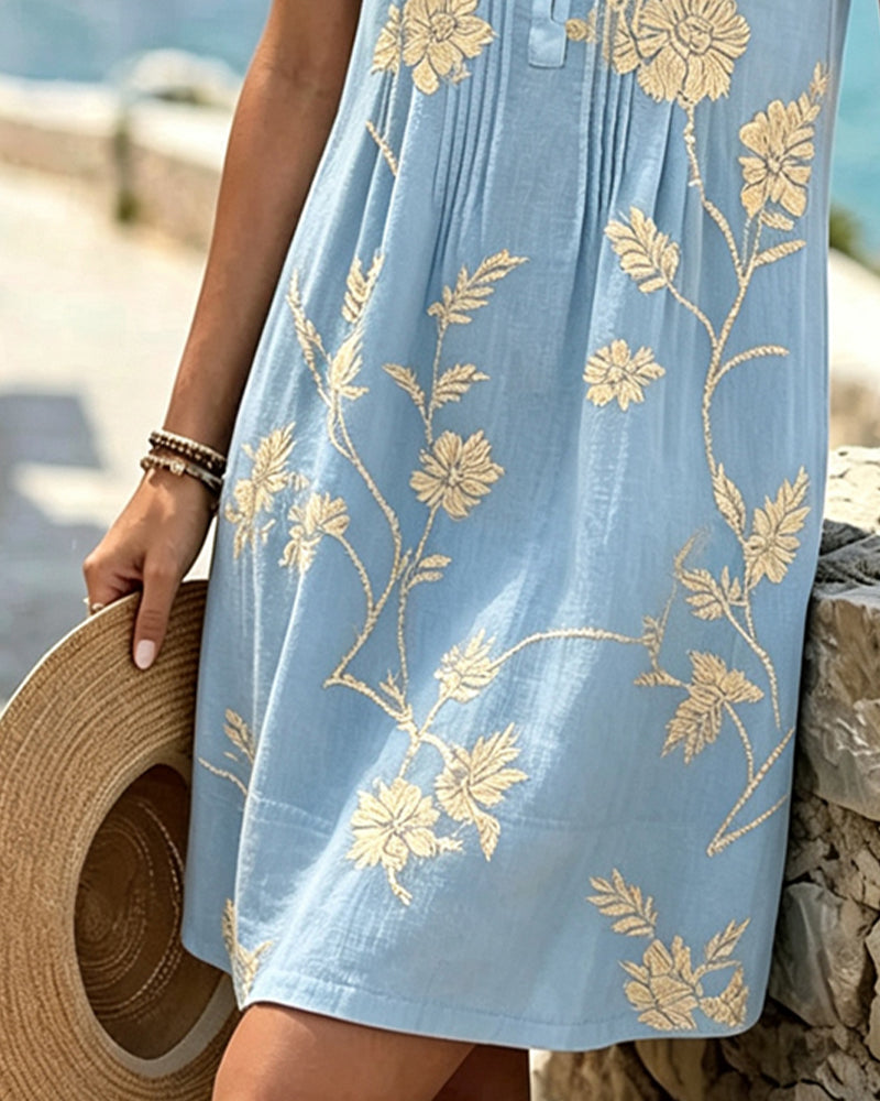 Round Neck Sleeveless Button Pleated Print Dress