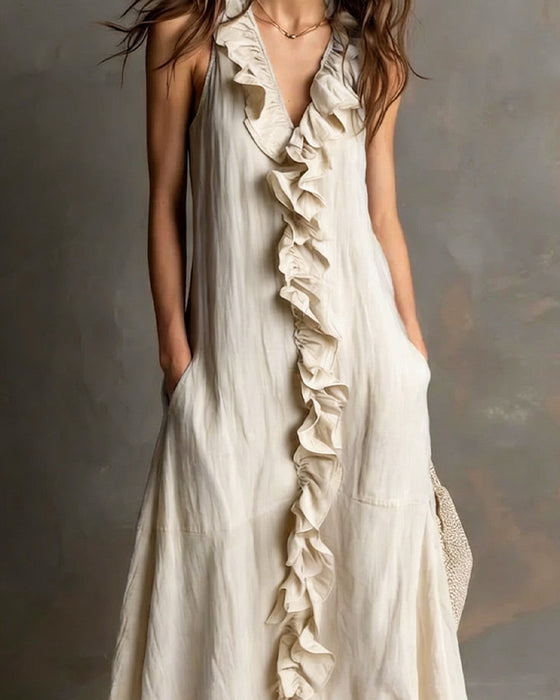 Ruffle V-Neck Pocket Sleeveless Dress