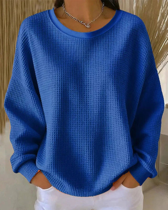 Solid Color Waffle Texture Pullover Sweatshirt