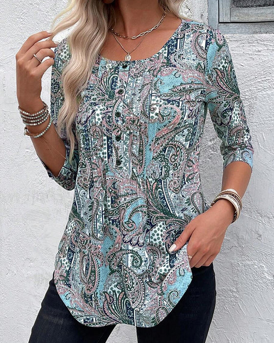 Three-Quarter Sleeve Vintage Print Blouse