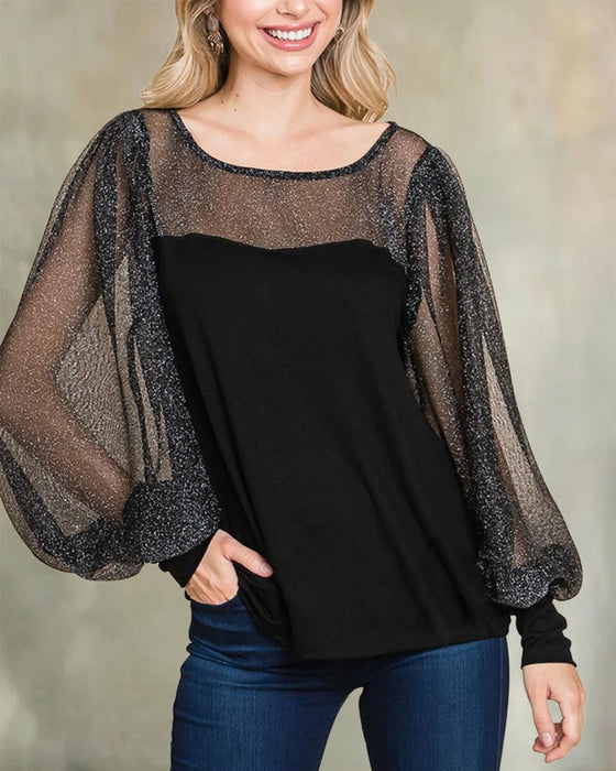 Sheer Puff Sleeve Panel Relaxed Blouse