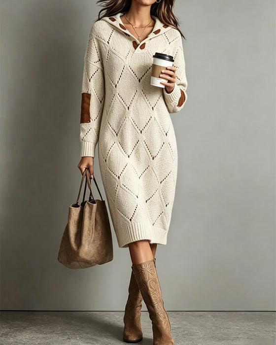Hooded Contrasting Hollow Out Sweater Dress