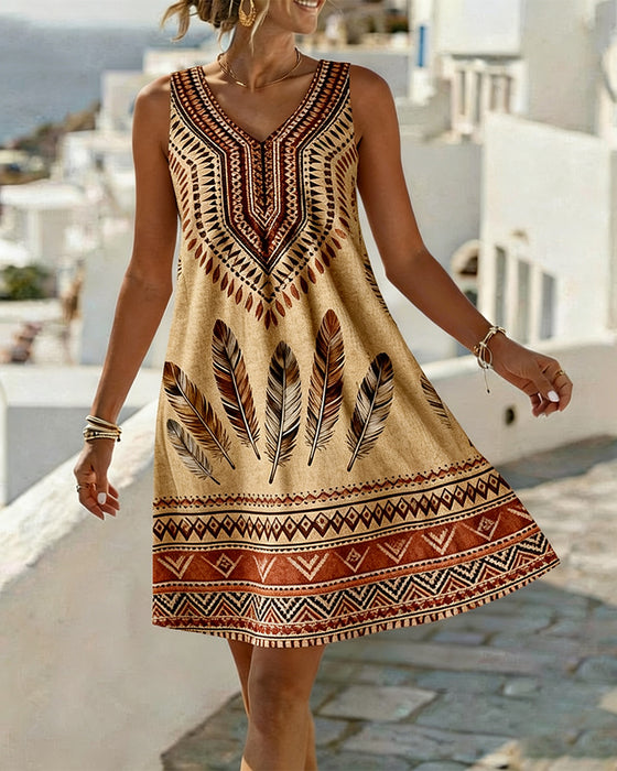 V-Neck Sleeveless Ethnic Print Dress