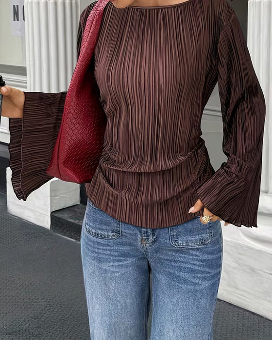 Solid Color Flare Sleeve Blouse