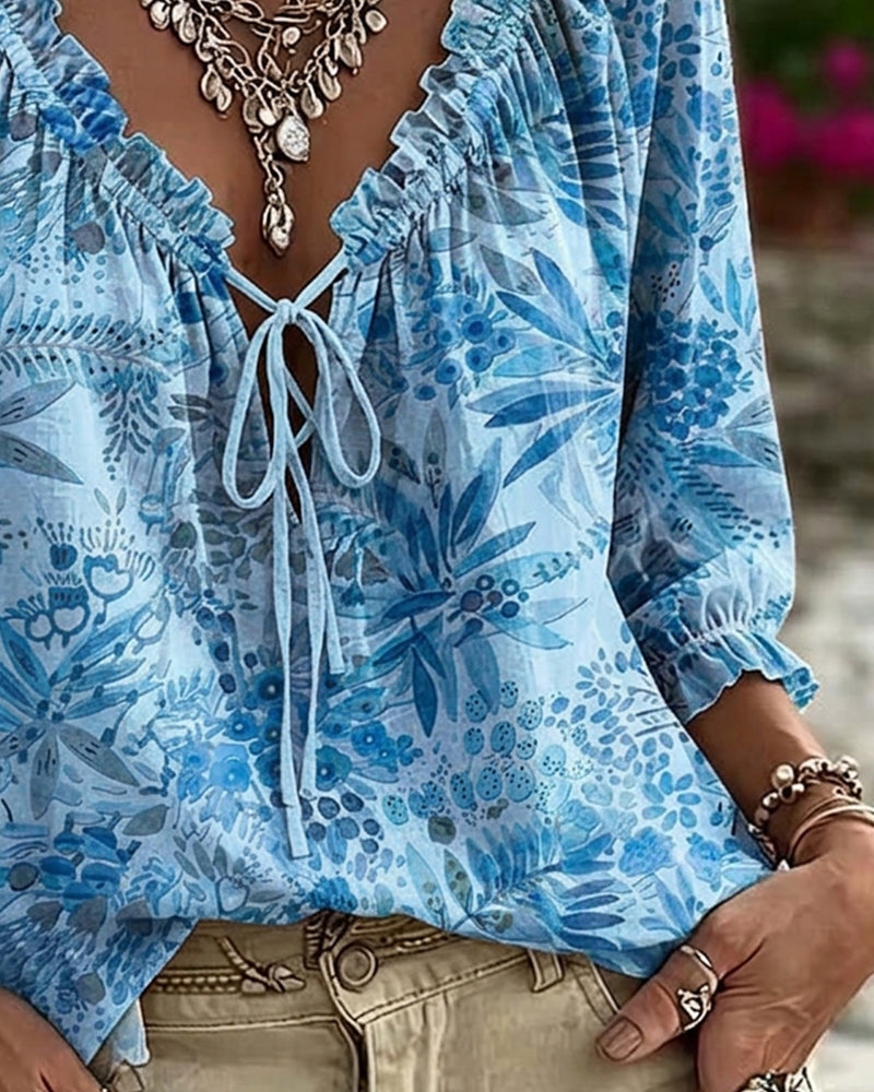 V-Neck Lace Up Blouse