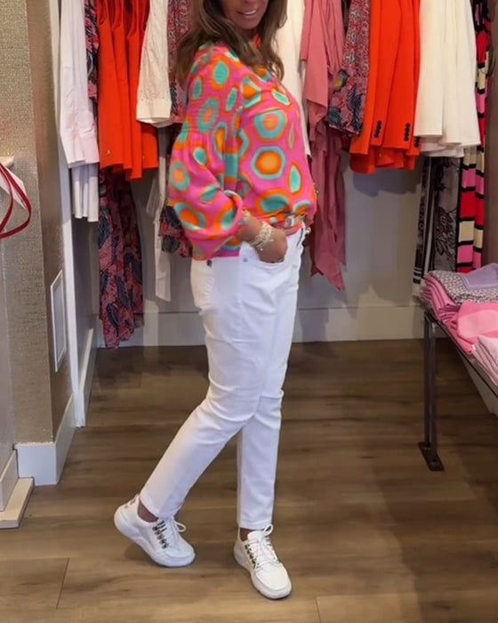 Geometric print long sleeve casual blouse