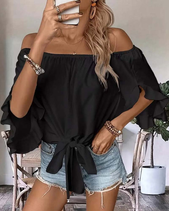 Bandage Off-Shoulder Ruffled Sleeve Blouse