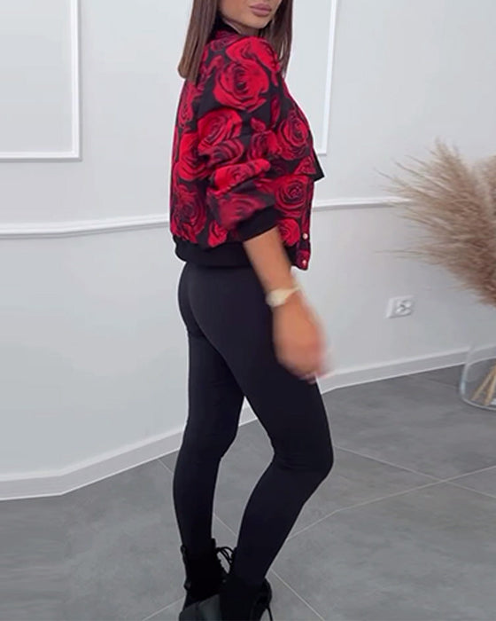 Rose print button casual jacket