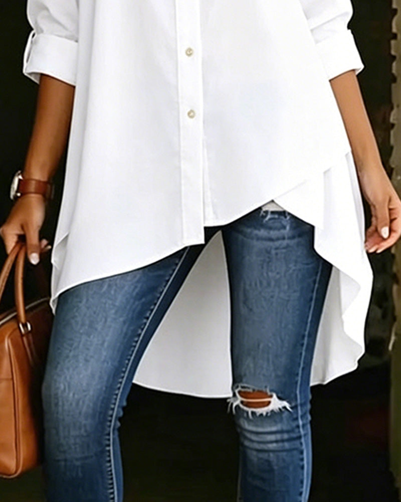 Asymmetrical Fashion Lapel Solid Long Sleeve Shirt