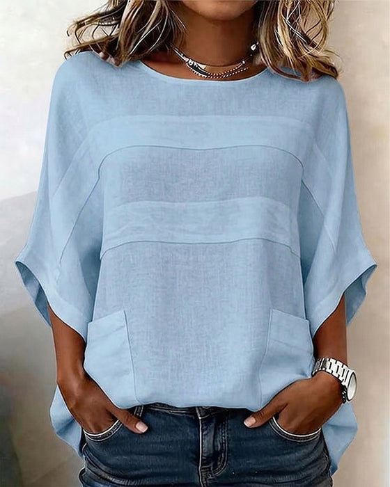 100% Cotton Batwing Sleeve Loose Fit Crewneck Blouse