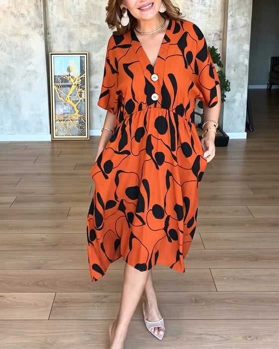 V-Neck Button High Waist Flared Dress