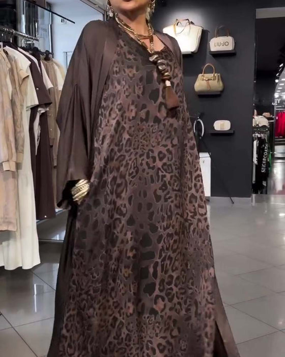 Leopard Spaghetti Strap Long Dress and Cardigan Sets