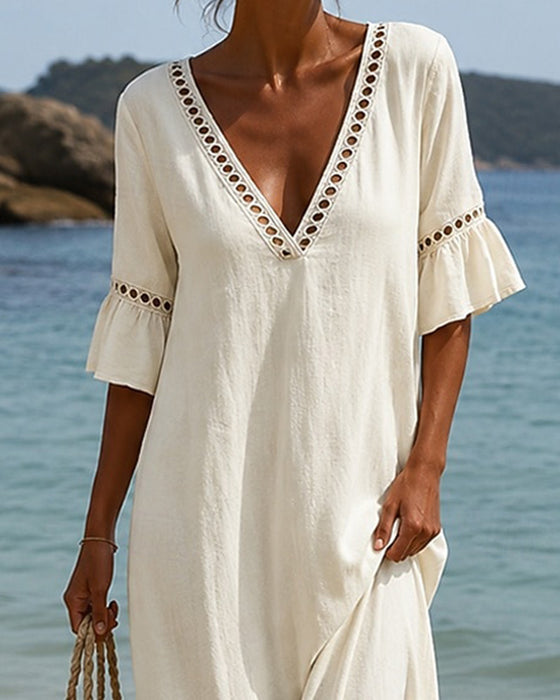 Deep V Ruffle Sleeve Hollow Lace Dress