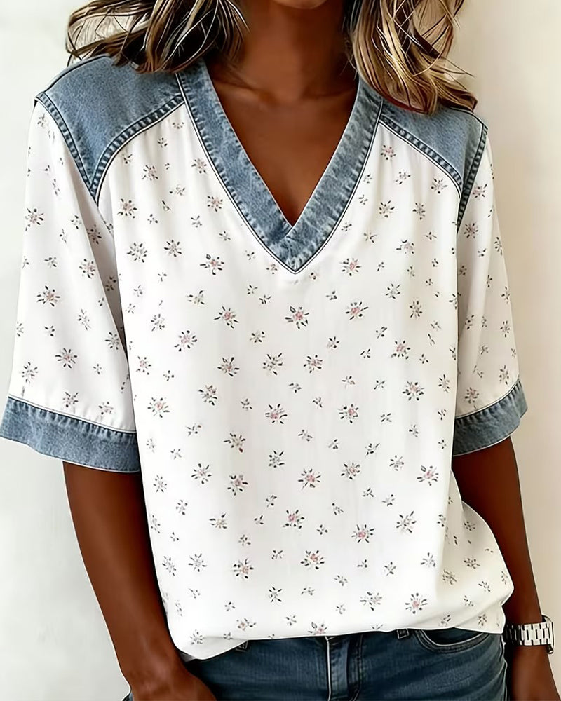 Floral-Patchwork Denim V-Neck Blouses