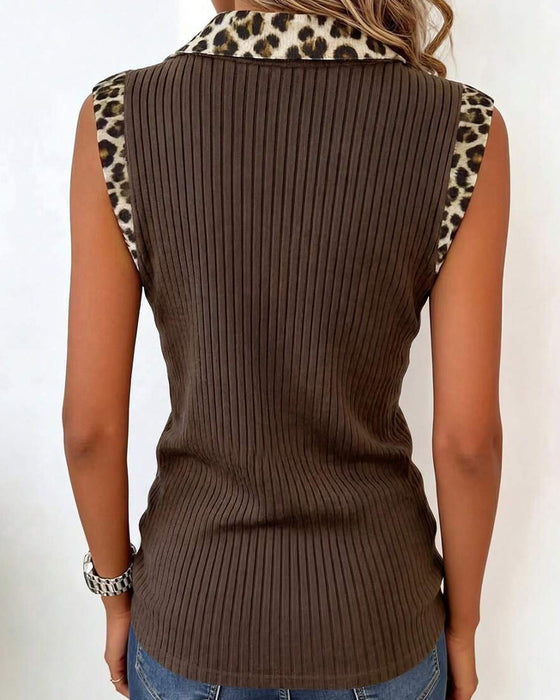 Lapel Leopard Print Sleeveless Ribbed Blouse