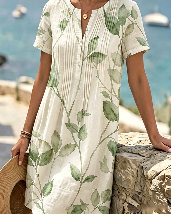 Ruched Leaf Print Short Sleeve Mini Dress