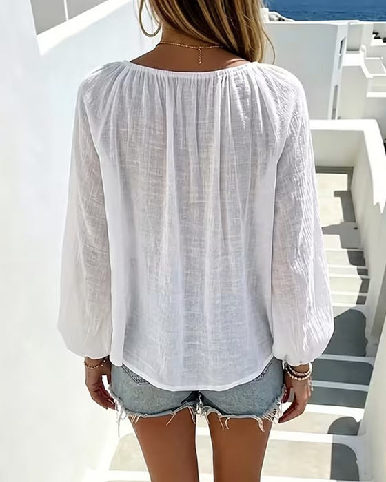 Lace-Up Solid Color Blouse