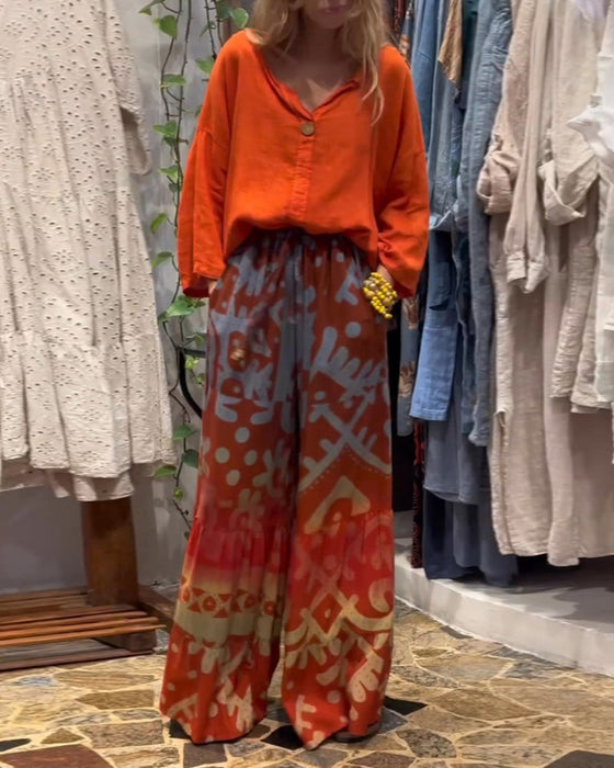 Printed pocket loose wide-leg pants