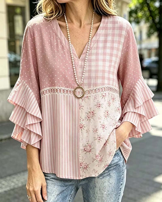 Double Layer Ruffle Sleeves Striped Polka Dot Print Blouse