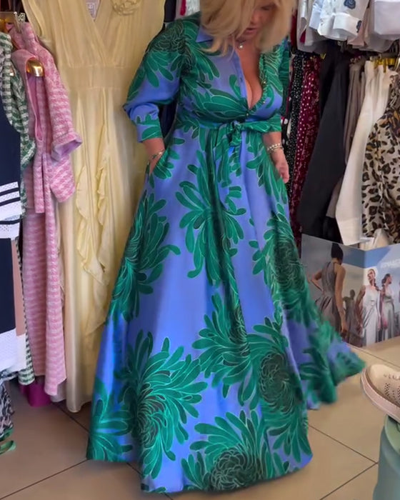 Long Sleeve V-Neck Waisted Swing Dress