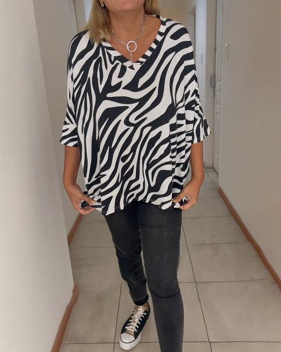 V-neck zebra print casual top