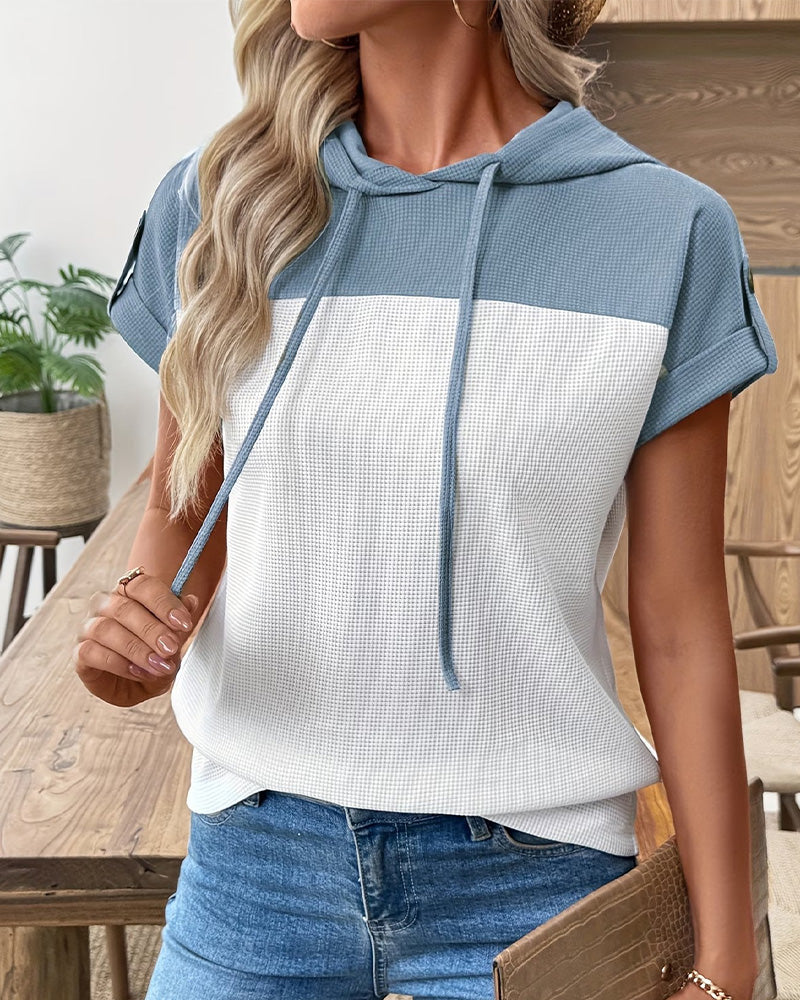 Hooded Waffle Color Block Top