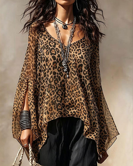 V-Neck Leopard Irregular Blouse