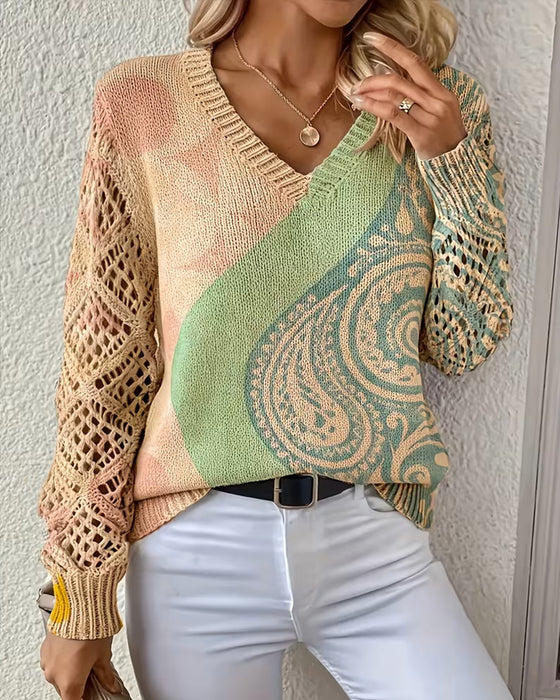 Color Block Hollow Out V-Neck Knit Pullover