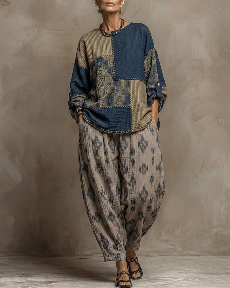 Crew Neck Vintage Patchwork Top + Pattern Tapered Pants Set