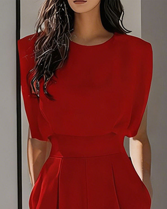 Solid Casual Belted Jumpsuit