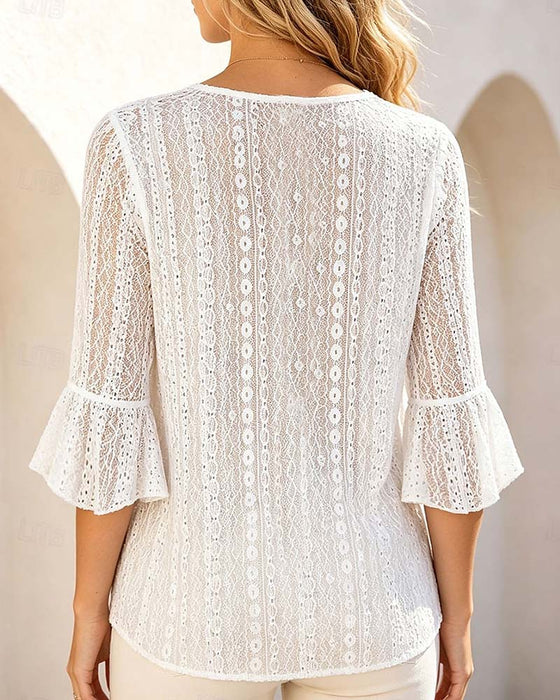 Crew Neck Hollow Out Lace Patchwork Blouse