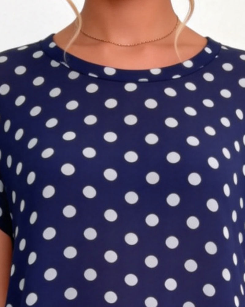 Polka Dot Back Pleated Color Block Blouses