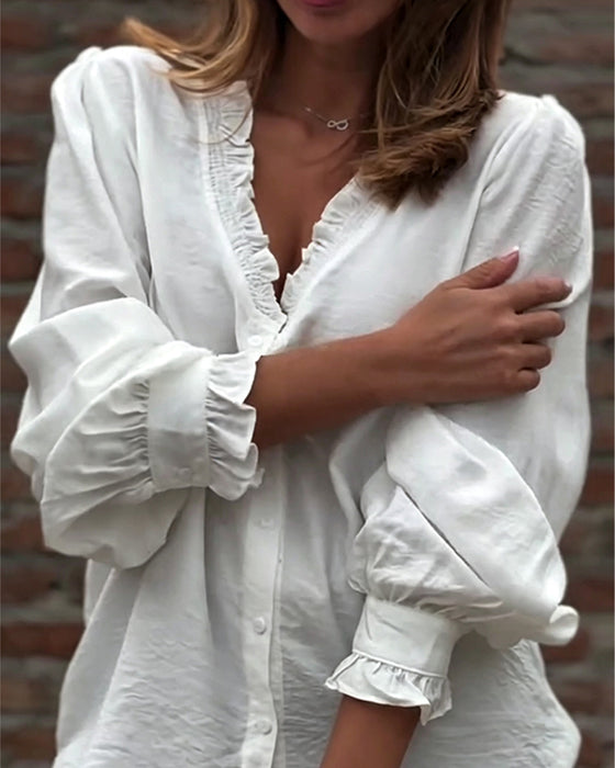 V-Neck Button Front Ruffle Puff Sleeve Blouse