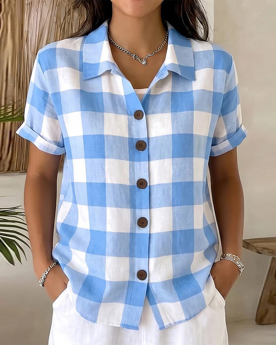 Blue White Large Plaid Lapel Shirt