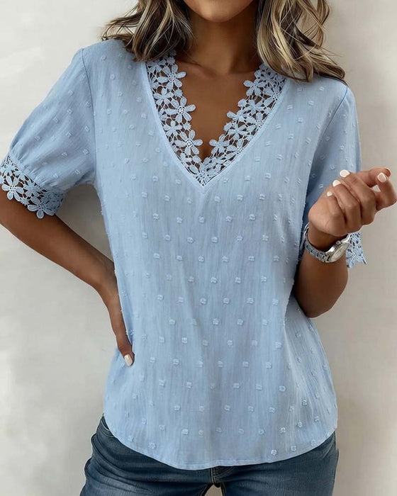 Lace V-Neck 3D Floral Solid Blouse