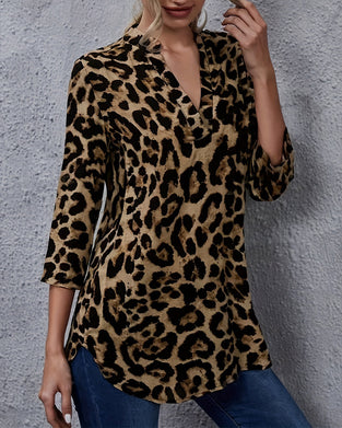 V-Neck Leopard Print Asymmetric Three-Quarter Sleeve Top