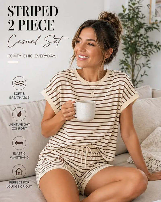Crew Neck Striped Elastic Waist Tie Set