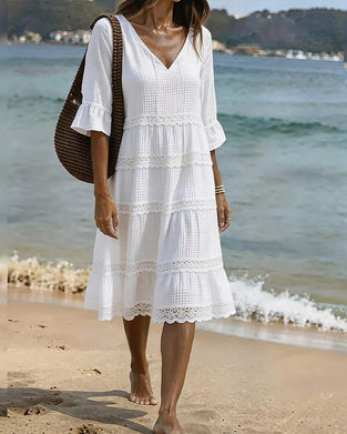 V-Neck Lace Patchwork Medium Sleeve Dress