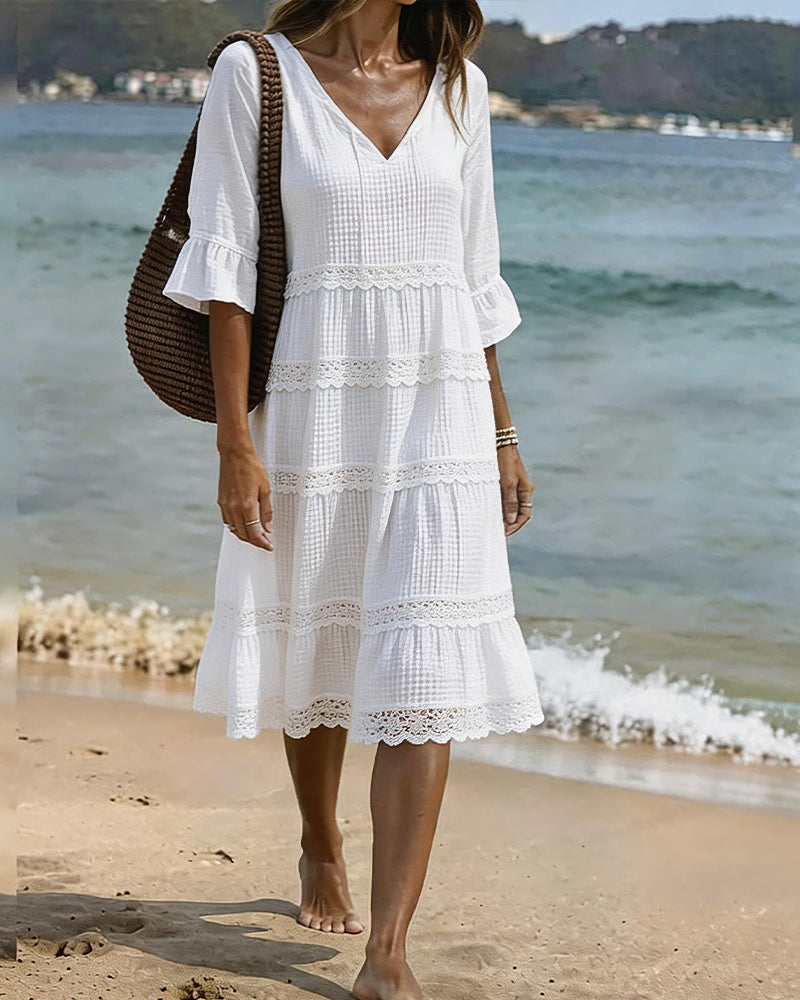 V-Neck Lace Patchwork Medium Sleeve Dress