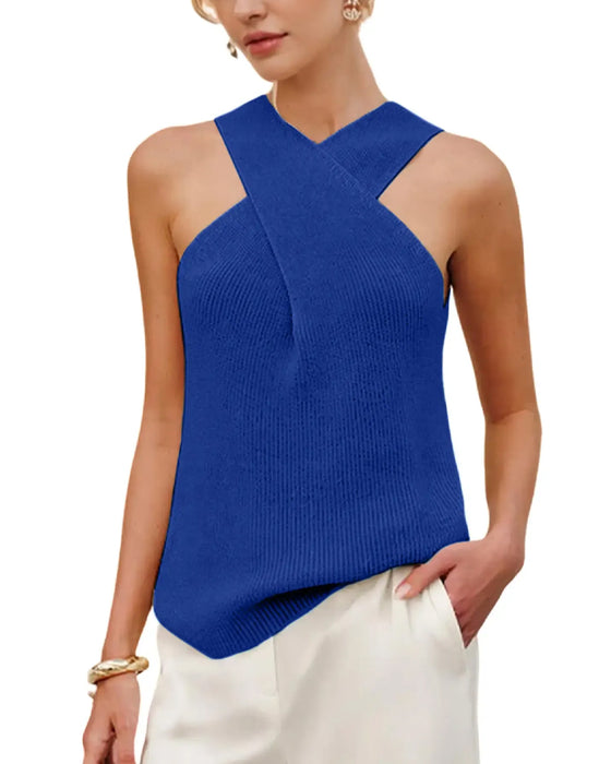 Women Halter Cross Over Collar Tank Knit Sleeveless Top