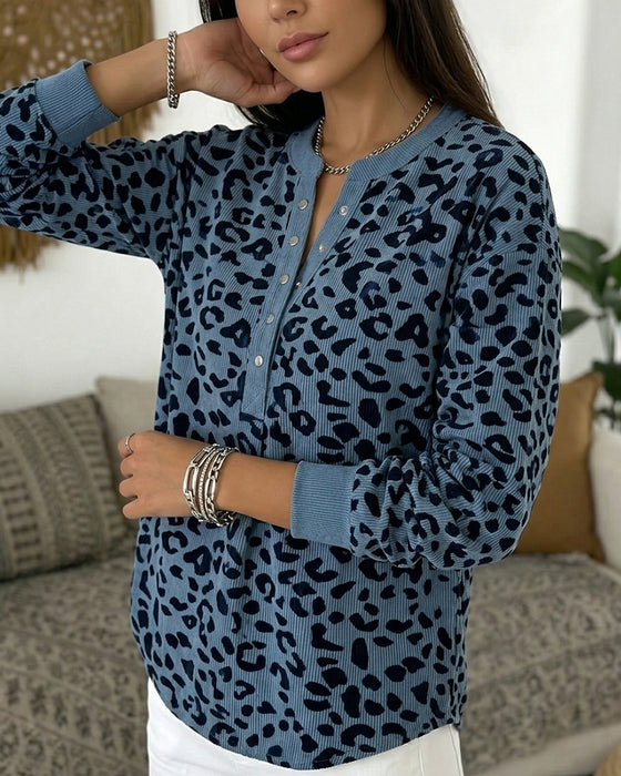 Leopard Button V-Neck Long Sleeve Sweatshirt