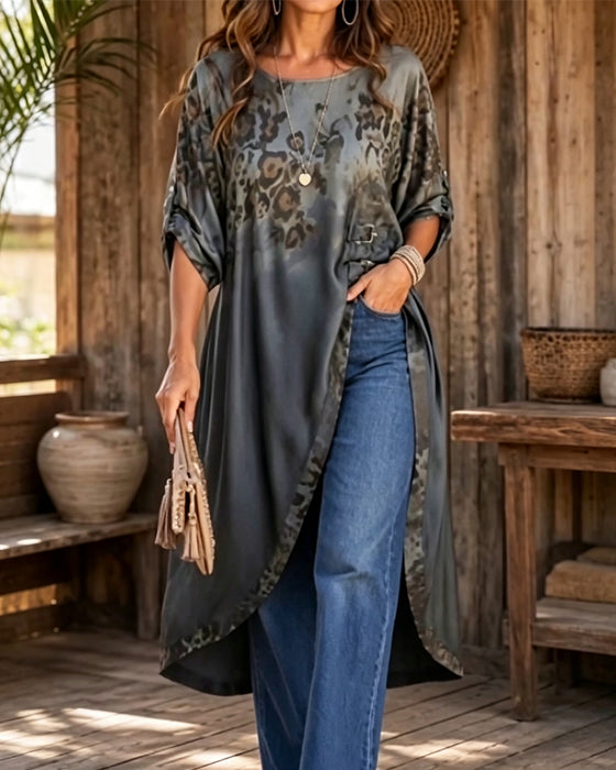 Round Neck Leopard Print Gradient Asymmetrical Blouse