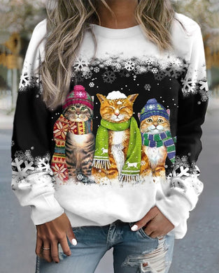 Cat print round neck sweatshirt