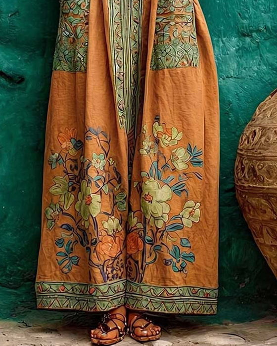 Retro Print Pocket Sleeveless Long Dress