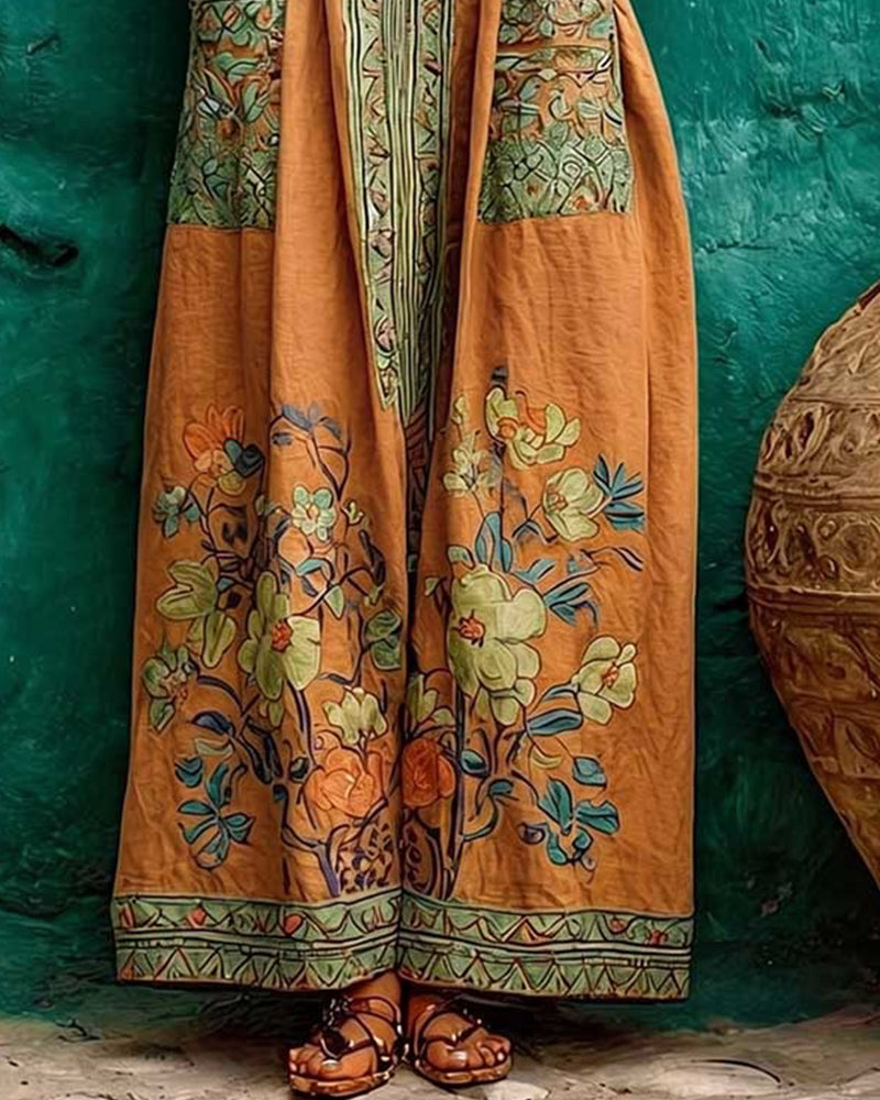 Retro Print Pocket Sleeveless Long Dress