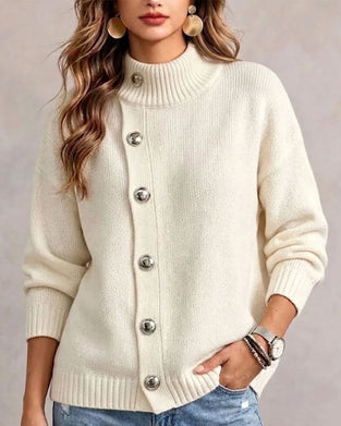 Turtleneck Diagonal Button Casual Pullover